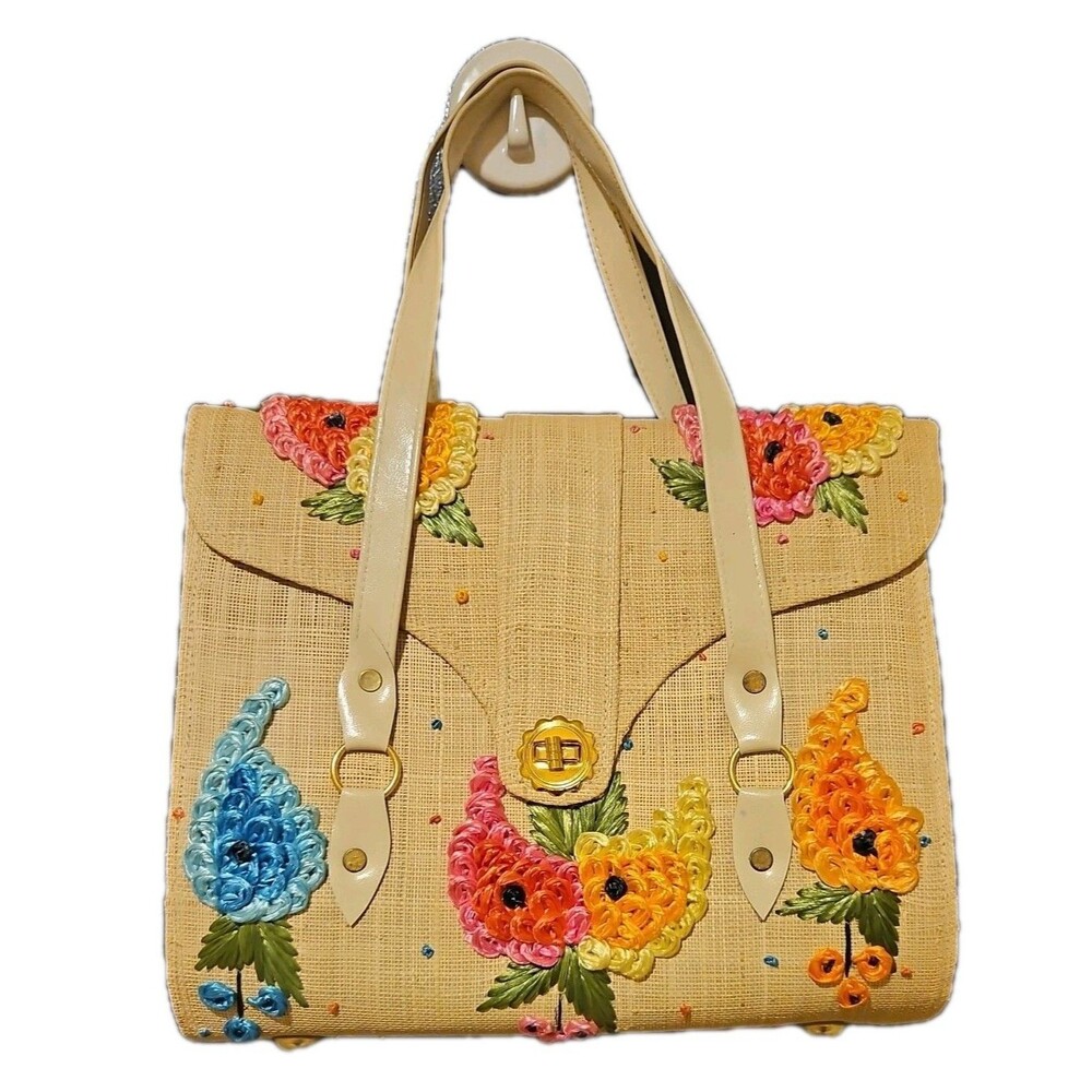 Vintage Bags by Whidby Floral Rafia Straw Purse Handbag Phillipines Retro